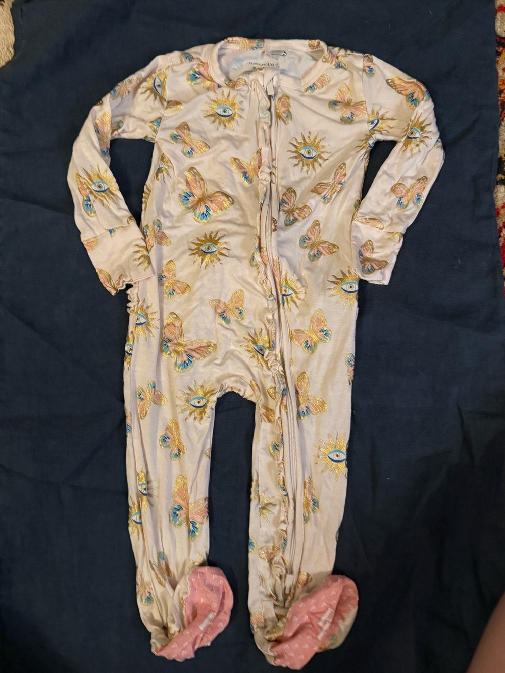 Posh Peanut Cream Footed One-Piece with Butterfly & Eye Print